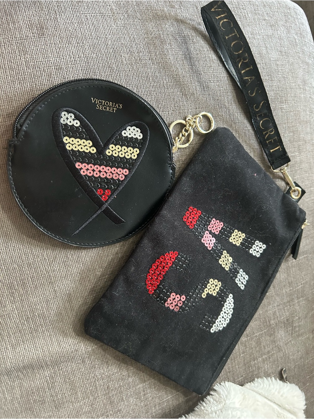 Victoria's Secret Black Sequin Heart Wristlet and Zip Pouch Set